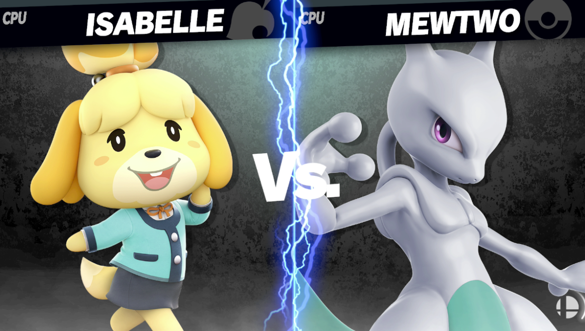 Larry vs Mayor Pomeranian on the versus screen, Larry is a cyan Mewtwo.